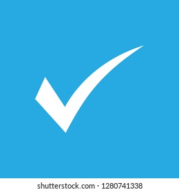 White check mark icon on blue background. Tick symbol in white color, vector illustration.