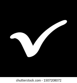 White check mark icon on black background. Tick, done symbol. Vector illustration.