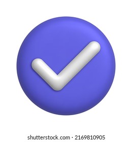 White check mark icon on purple round button. 3d realistic design element. Vector illustration.