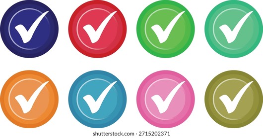 Weißes Häkchen Symbol Set Designstil in buntem Kreis auf weißem Hintergrund