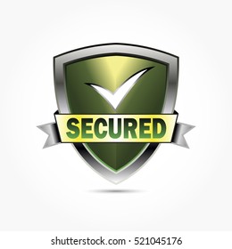 a white check mark on a gradient green shield with silver metal look frame and a ribbon in front of it with lighting and shadow effect