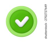 White check mark on green circle badge. Done mark, yes or correct sign. Approval, success, notification and confirmation concept. 3d vector icon. Cartoon minimal style.