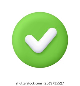 White check mark on green circle button.Done mark, yes or correct sign. Approvement concept. 3d vector icon. Cartoon minimal style.