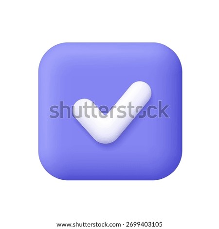White check mark on purple square button. Done mark, yes or correct sign. Approval, success and confirmation concept. 3d vector icon. Cartoon minimal style.
