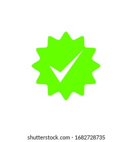white check mark sign on green starburst badge isolated on white background. vector illustration