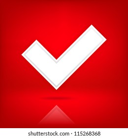 White check mark sign. Web icon button. Satin shape with black shadow and transparent reflection on dark red background. This vector illustration clip-art element for design saved in 10 eps