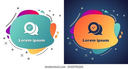 White Check mark in speech bubble icon isolated on white and blue background. Security, safety, protection, privacy concept. Tick mark approved. Abstract banner with liquid shapes. Vector