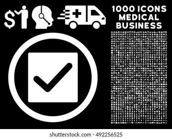 White Check vector rounded icon. Image style is a flat icon symbol inside a circle, black background. Bonus clipart includes 1000 medical business symbols.
