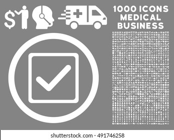 White Checkbox vector rounded icon. Image style is a flat icon symbol inside a circle, gray background. Bonus set contains 1000 medical business symbols.