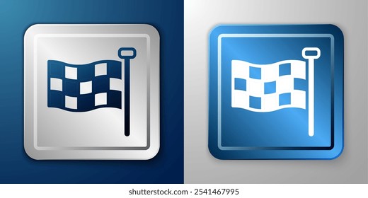 White Checkered flag icon isolated on blue and grey background. Racing flag. Silver and blue square button. Vector