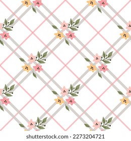 A white Checkered seamless  pattern with Flower and Leaves. Floral pattern on white Diagonal Stripe Gingham background. Design for tartan, plaid, tablecloths, shirts, dresses, paper and more