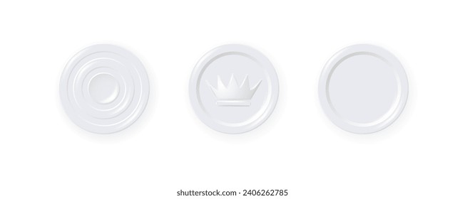 White checkers chips. 3d realistic round badge with circle convex lines on surface and shadow to play on checkerboard. Vector