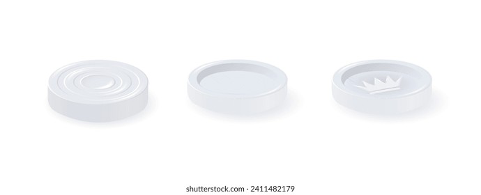 White checkers chips. 3d realistic round badge with circle convex lines on surface and shadow to play on checkerboard. Vector