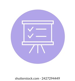 White checklist on a flip chart icon, set against a blue to purple gradient circle, representing organization and planning