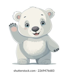 White cheerful baby polar bear. He stands upright on two legs and waves at the viewer and smiles. Nice vector graphics for a child.