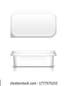 White cheese, butter or margarine container with lid mockup - front and top view. Blank plastic food package: cream, yogurt, dessert, spread. Product template. Isolated 3d vector illustration