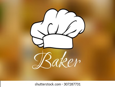 White chef and baker cap or toque traditional uniform with high headband and lush drapery isolated on blurred background with caption Baker