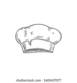 White chef cook hat isolated hand drawn sketch. Vector baker or cooker cap, kitchener headdress