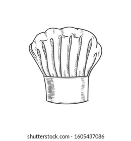 White chef cook hat isolated hand drawn sketch. Vector baker or cooker cap, kitchener headdress