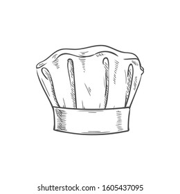 White chef cook hat isolated hand drawn sketch. Vector baker or cooker cap, kitchener headdress