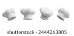 White chef hat 3D style icons set. Professional classical headwear of kitchen uniform. Vector render illustrations of realistic volume cook's or baker's cap round shape isolated on white