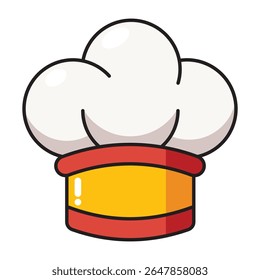 White chef hat cartoon icon with red rim and puffed top isolated on white background