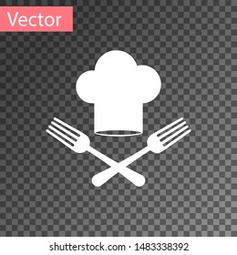White Chef hat and crossed fork icon isolated on transparent background. Cooking symbol. Restaurant menu. Cooks hat.  Vector Illustration
