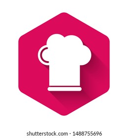 White Chef hat icon isolated with long shadow. Cooking symbol. Cooks hat. Pink hexagon button. Vector Illustration