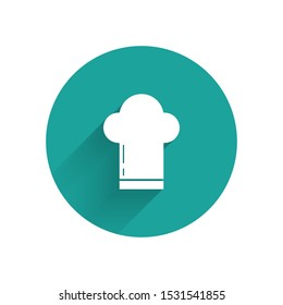 White Chef hat icon isolated with long shadow. Cooking symbol. Cooks hat. Green circle button. Vector Illustration