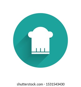 White Chef hat icon isolated with long shadow. Cooking symbol. Cooks hat. Green circle button. Vector Illustration