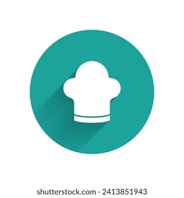 White Chef hat icon isolated with long shadow. Cooking symbol. Cooks hat. Green circle button. Vector