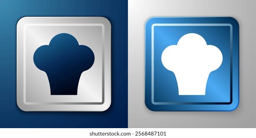 White Chef hat icon isolated on blue and grey background. Cooking symbol. Cooks hat. Silver and blue square button. Vector