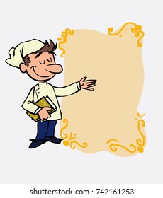 White chef points, relaxed, with a book in his hand. Is showing, as if he were in front of a blackboard, the data you want.
