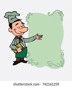 White chef points, relaxed, with a book in his hand. Is showing, as if he were in front of a blackboard, the data you want.
