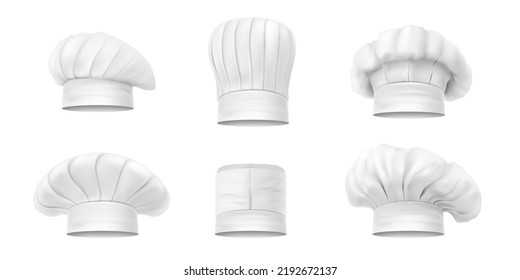 White chef s hat different shape set realistic vector illustration. Collection cook caps and baker toques headdress for kitchen staff. Restaurant cafe catering and culinary baking uniform headwear.