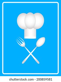 white chef's hat icon on a blue background in frame