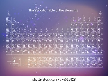 White chemical periodic table of elements on abstract purple blurred hi-tech background