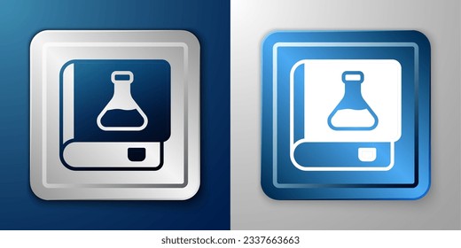 White Chemistry book icon isolated on blue and grey background. Silver and blue square button. Vector