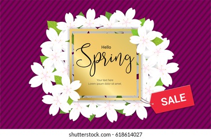 White cherry blossom frame or hello spring frame flowers design in vector