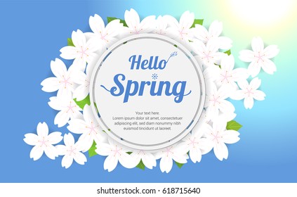 White cherry blossom frame or hello spring frame flowers design in vector