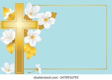 white cherry blossoms with a golden Christian cross on a blue background