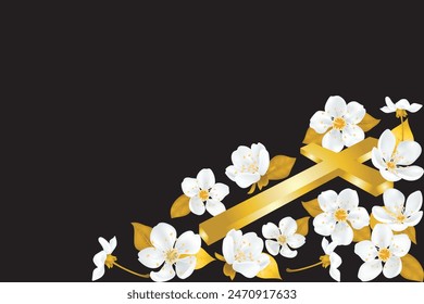 white cherry blossoms with a golden Christian cross on a black background