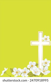 white cherry blossoms with a golden Christian cross on a green background