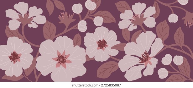 Patrón floral transparente de Vector de flores de cerezo blanco con fondo malva, hojas de rama, flor de primavera tranquila. Diseño fresco del fondo del verano de la primavera para el Fondo de pantalla, tela, envoltura, Web.