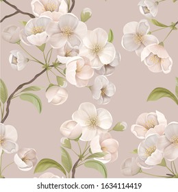 White Cherry Flower Seamless Pattern With Blossoms And Leaves On Beige Background. Wallpaper Or Wrapping Paper Decoration, Textile Ornament, Blooming Sakura Decor For Fabric Art. Vector Illustration