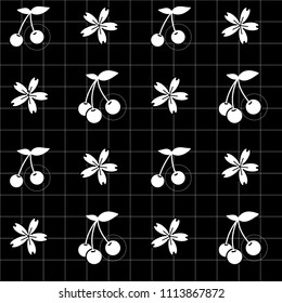 White cherry icon and cherry blossom flowers in lineal grid and black background. Vector illustration. Seamless line pattern. Nature sketch. Geometrical grid.