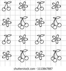 White cherry icon and cherry blossom flowers in lineal grid and white background.Vector illustration. Seamless line pattern. Nature sketch. Geometrical grid.