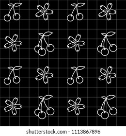 White cherry icon and cherry blossom flowers in lineal grid and black background. Vector illustration. Seamless line pattern. Nature sketch. Geometrical grid.