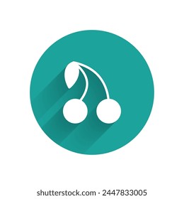 White Cherry icon isolated with long shadow. Fruit with leaf symbol. Green circle button. Vector
