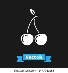 White Cherry icon isolated on black background. Fruit with leaf symbol.  Vector Illustration